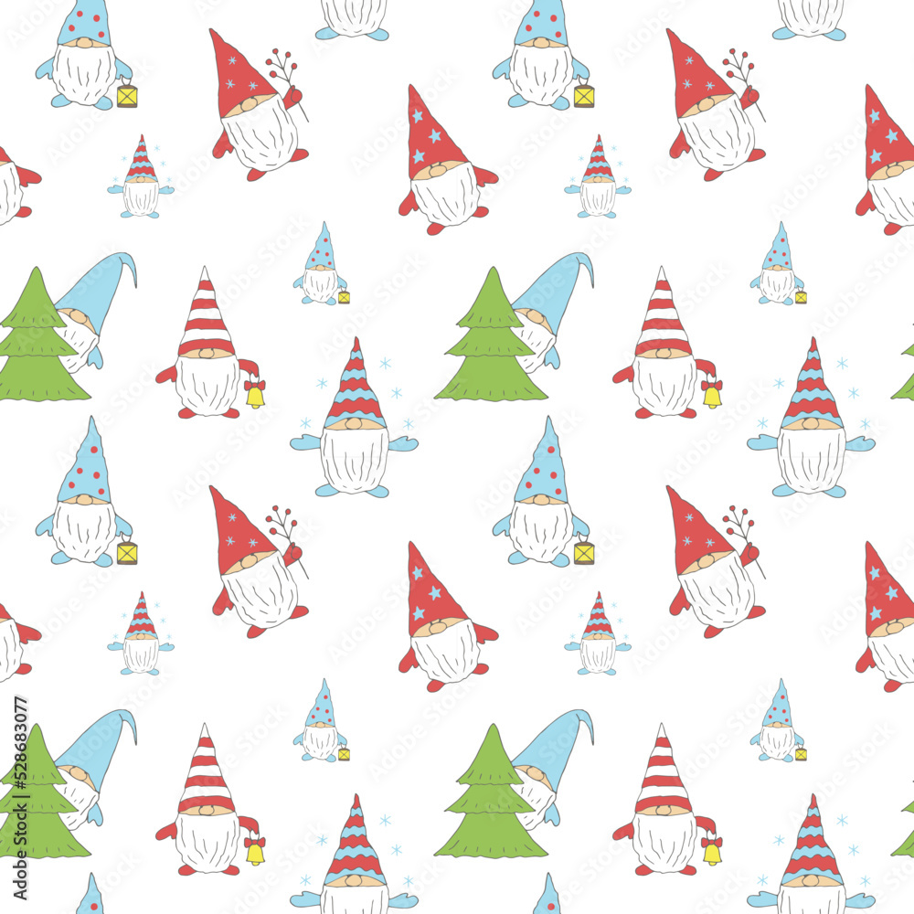 Christmas gnomes seamless pattern vector illustration, hand drawn Christmas gnomes seamless pattern vector illustration, hand drawn