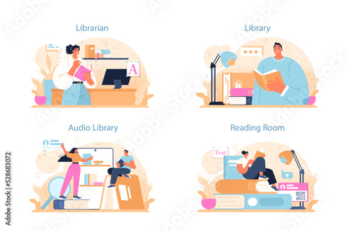 Librarian concept set. Library staff cataloging and sorting books
