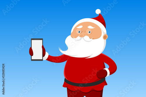 Santa Claus hold smartphone. Vector illustration.