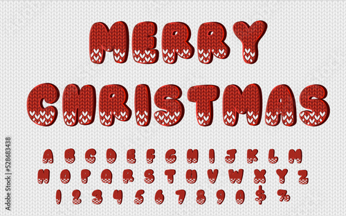 Merry Christmas font in red with letters and numbers. Winter abc for marketing presentation or advertising for holiday season from November to December