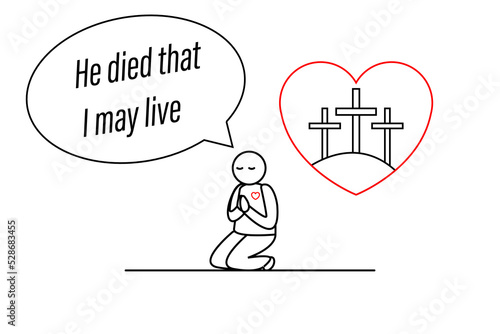 Prayer.Easter Sunday print: He Died so That We May Live. Invitation for service holy week with christian typography on white background. Cross and bible text vector illustration. 