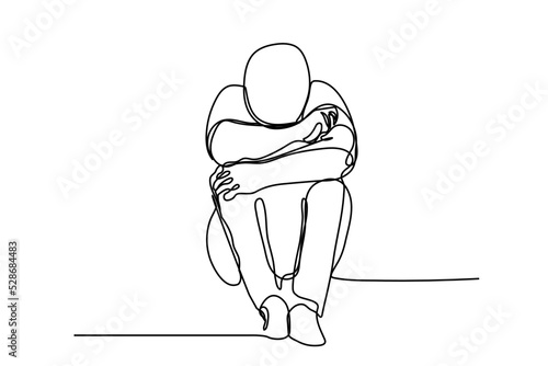 continuous line drawing of sad man hugs his knee on white background