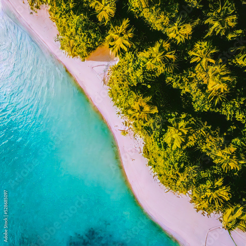 Aerial view of sandy tropical beach in summer. Aerial landscape of sandy beach and ocean with waves, view from drone. 3d