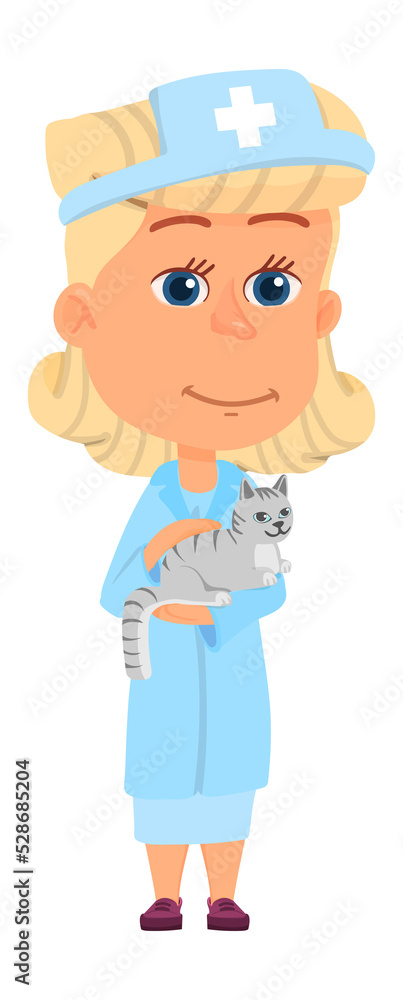Veterinary doctor. Cute cartoon girl with cat. Vet woman Veterinary doctor. Cute cartoon girl with cat. Vet woman