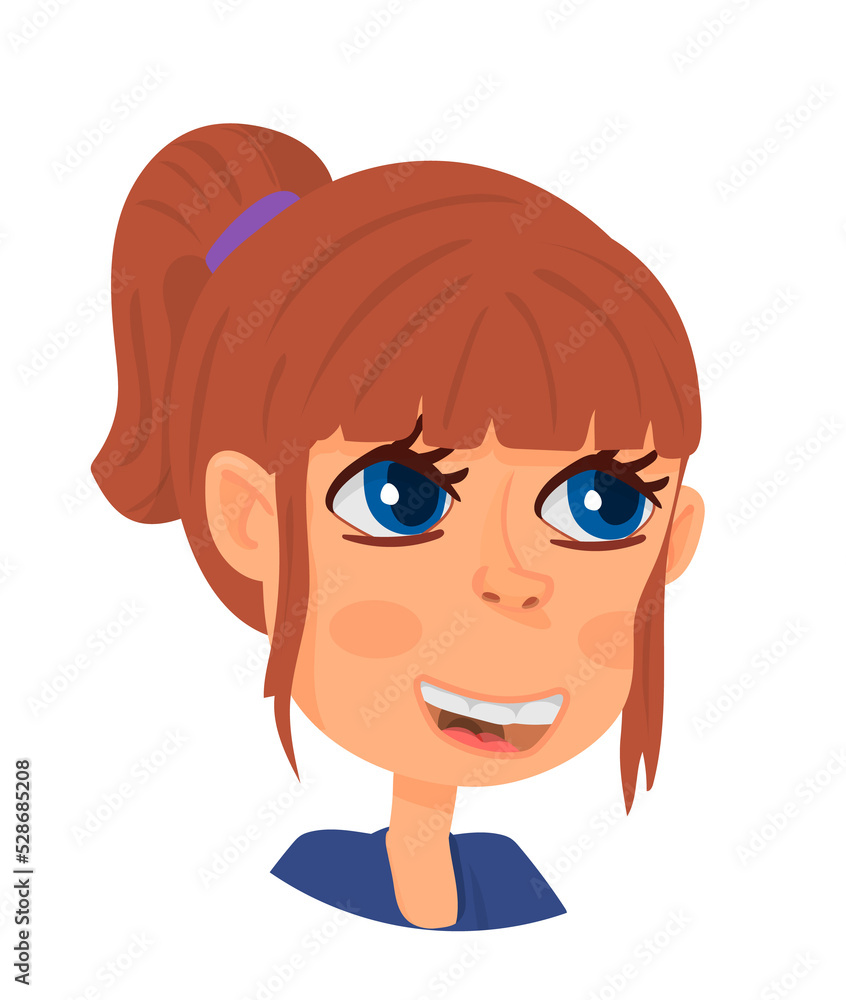 Girl with ponytail. Cute cartoon character. Young woman portrait Girl with ponytail. Cute cartoon character. Young woman portrait