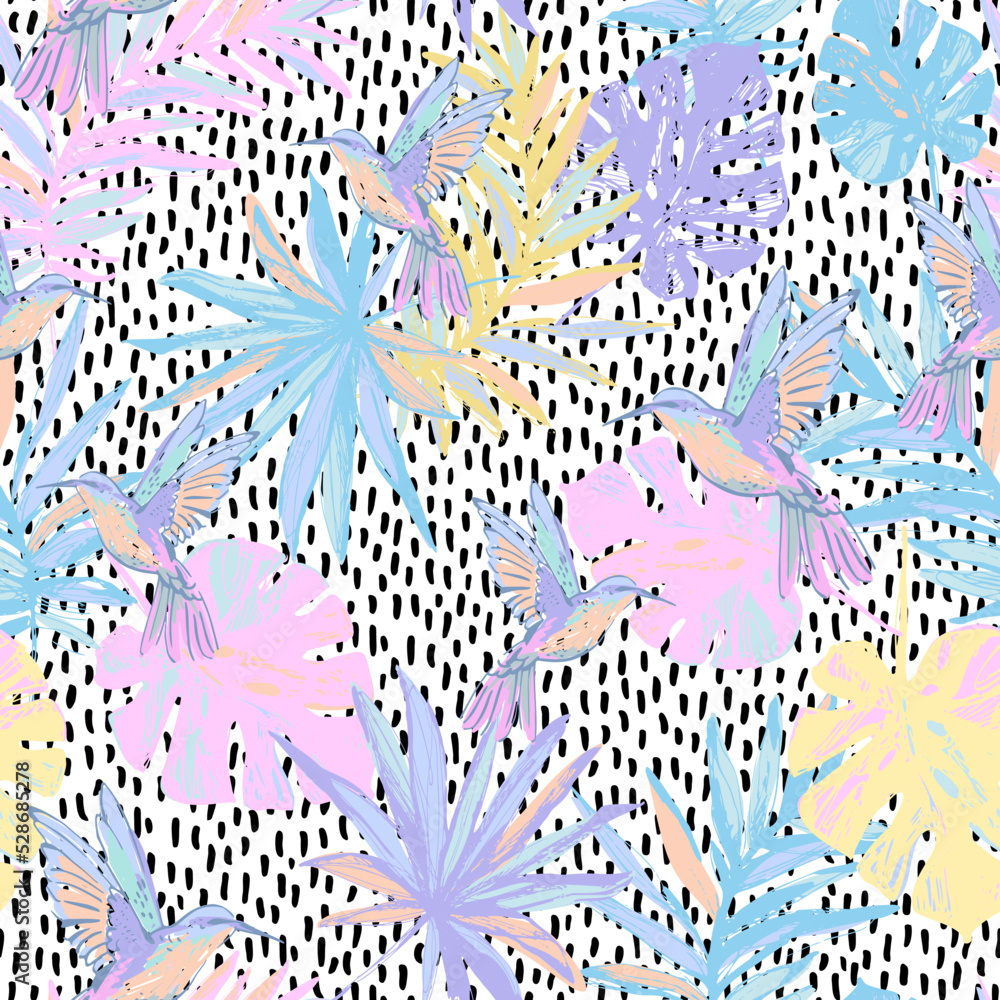 Flying exotic birds, palm, monstera leaves seamless pattern.