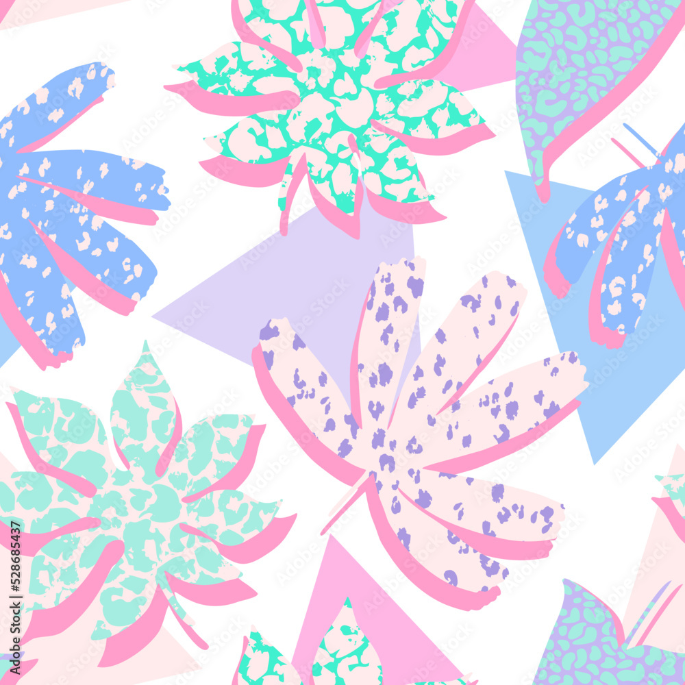 Fototapeta premium Abstract tropical leaves, grunge, leopard textures, geometric shapes background.