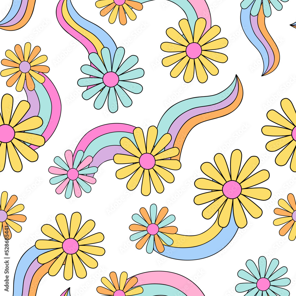 Psychedelic floral background in 70s 80s retro hippie style.
