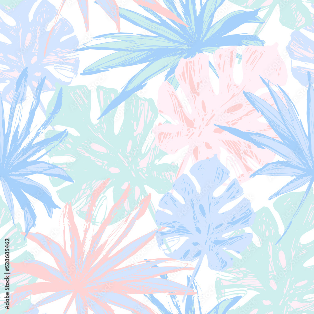 Hand drawn tropical leaves background in pastel colors. Colorful palm leaf seamless pattern.