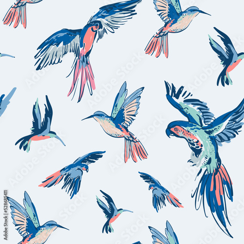 Flying exotic birds seamless pattern. Colorful parrots, humming bird background