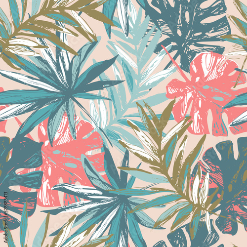 Hand drawn tropical leaves background. Colorful tropics jungle leaves seamless pattern