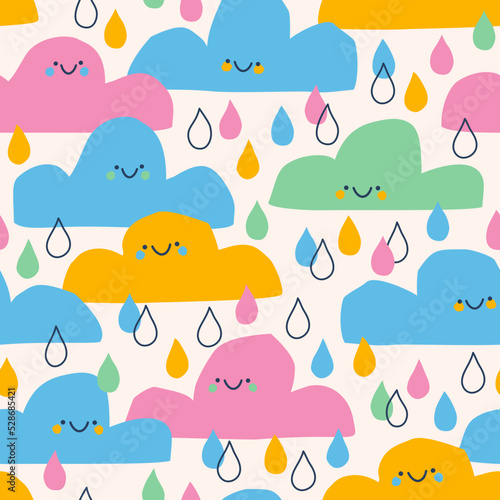 Abstract cloud characters with smiley faces, doodle rain drops background in fun bright colors