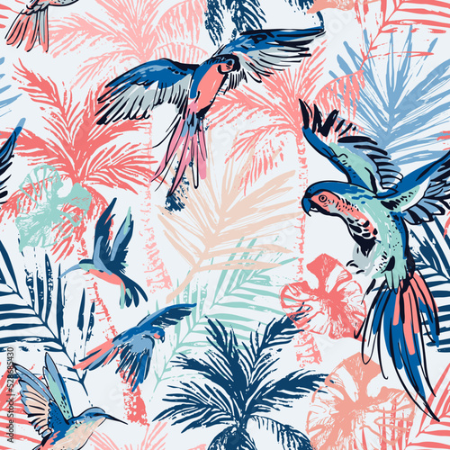 Colorful parrots, humming bird, jungle forest ink sketch background