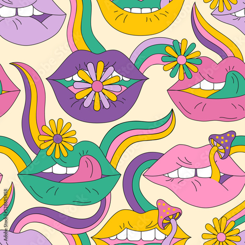 Psychedelic pattern lips with flowers in 70s 80s retro hippie style