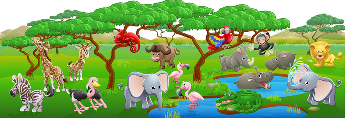Foto auf Acrylglas Zoo A cartoon Safari animal scene landscape with lots of cute friendly animal characters  © Christos Georghiou