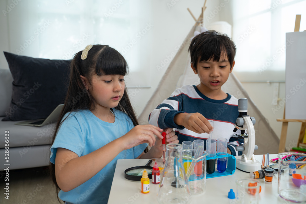 Two little scientists making chemical test with microscope in living room. Two little scientists making chemical test with microscope in living room.