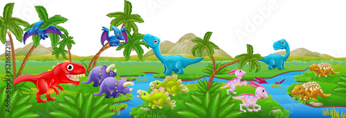 Cute Cartoon Dinosaur Scene...