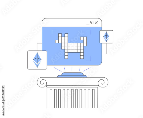 Crypto coins trading. NFT non fungible token for crypto art. Ethereum based blockchain technology and disruptive monetization in collectibles market concept. Vector illustration for website, ui.