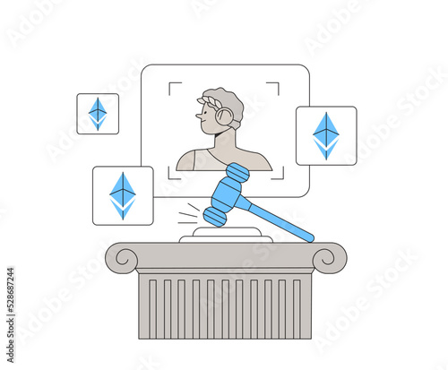 Crypto coins trading. NFT non fungible token for crypto art. Ethereum based blockchain technology and disruptive monetization in collectibles market concept. Vector illustration for website, ui.