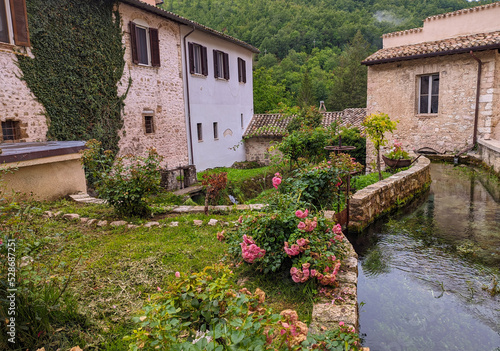 View of idyllic village called Rasiglia with waterfall and streams in Umbria Italy