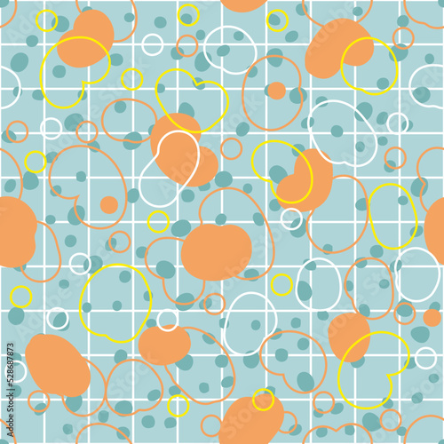 Nostalgic retro groovy print with abstract pebbles on a checkered background. Perfect for T-shirt, textile and fabric. Geometric vector illustration for decor and design.