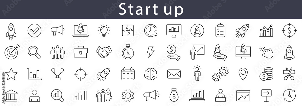 Start up line icons set. Startup Launch symbol collection vector Start up line icons set. Startup Launch symbol collection vector