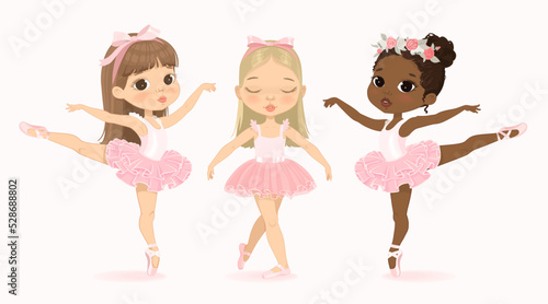 Cute Ballerina Girl Dancing. Three Multicultural Ballerinas Set. African American Child wear Pink Tutu Dress and Dancing Pointe Training. Caucasian Ballet Baby Girl Cartoon Illustration.