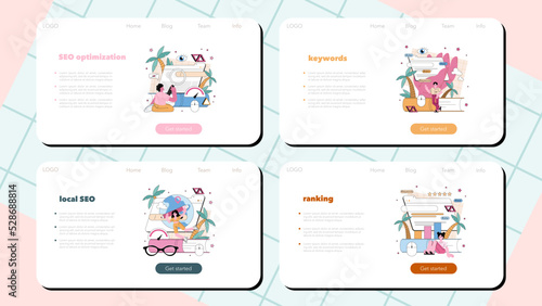 SEO optimization web banner or landing page set. Idea of search engine