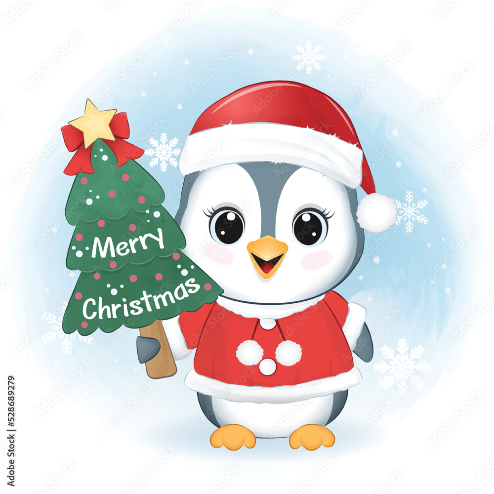 Cute Penguin and Christmas tree. Christmas season