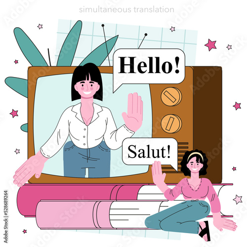 Translator concept. Linguist translating document, books and direct speech.