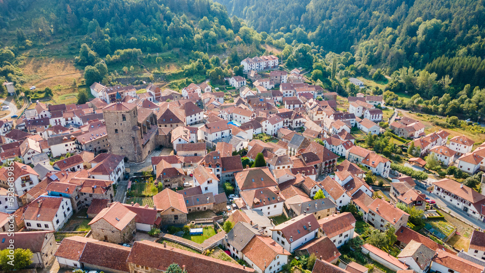 Aerial view of the town of Isaba in the Roncal Valley in Navarra, Spain.