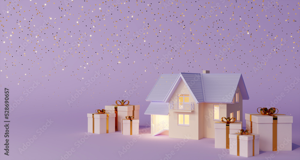 Naklejka premium Gift boxes and house with stars on lilac background.