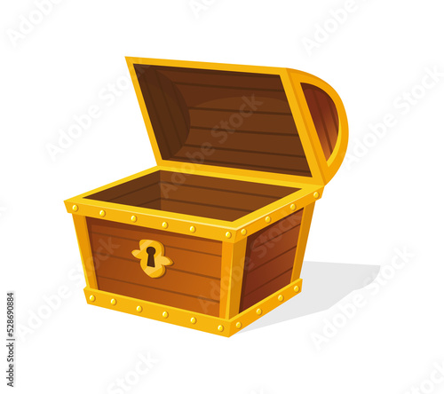 Empty chest for treasures. Box with gold frame for ui game, vector icon