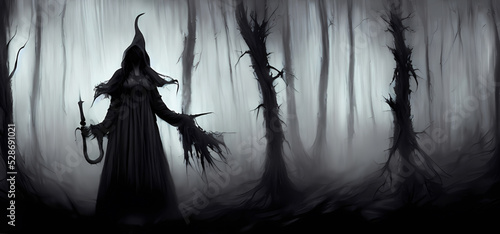 Print op canvas Abstract witch stands in dark foggy forest