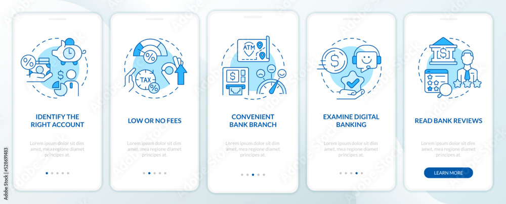 Choose bank blue onboarding mobile app screen. Customer benefits walkthrough 5 steps editable graphic instructions with linear concepts. UI, UX, GUI template. Myriad Pro-Bold, Regular fonts used