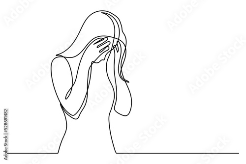 Continuous line drawings of young woman feeling sad, tired and worried about suffering from depression in mental health. problems, failures and concepts of heartbreak isolated on white background