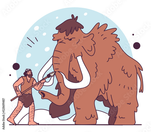 Caveman with primitive weapon hunting a big mammoth. Prehistoric hunter