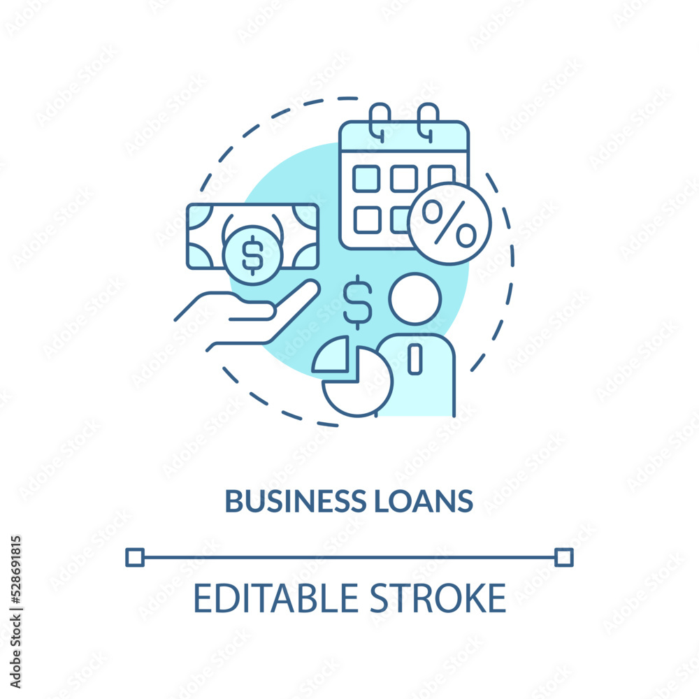 Business loans turquoise concept icon. Finances for new project. Corporate banking abstract idea thin line illustration. Isolated outline drawing. Editable stroke. Arial, Myriad Pro-Bold fonts used