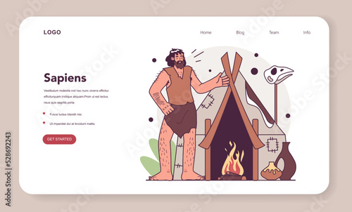 Homo sapiens first house building. Hut made of animal skin with a fireplace.