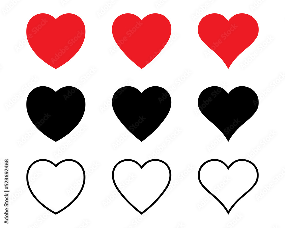 Red, black and outline heart icon, love icon Red, black and outline heart icon, love icon