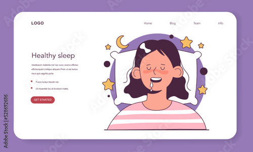 Drooling during sleep web banner or landing page. Female character