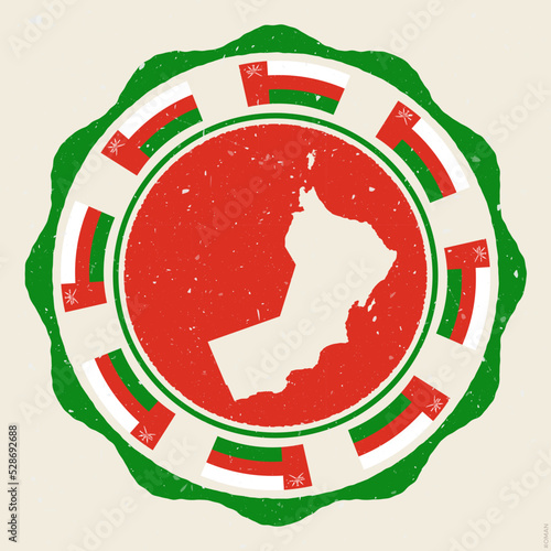 Oman vintage sign. Grunge round logo with map and flags of Oman. Astonishing vector illustration.
