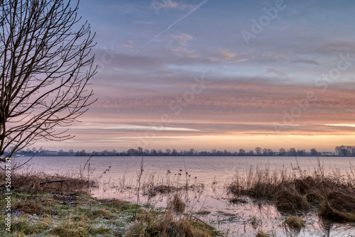 Horizontal view on a lake with high water before sunrise on a cloudy day in winter. Blue hour landscape with copy space