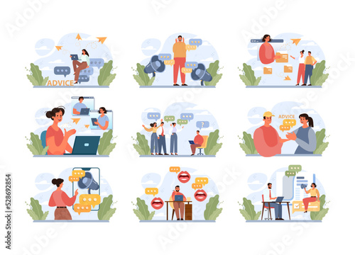 Advice concept set. Character or employee giving or taking a piece of advice