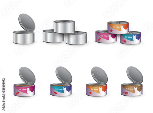 Metallic aluminum tin cans - can mockups with cat food labels with pull ring and the same ones cans  without labels open and closed isolated on white background. Vector 3D Illustration.