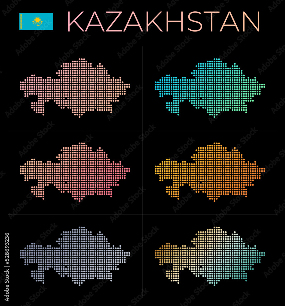 Kazakhstan dotted map set. Map of Kazakhstan in dotted style. Borders of the country filled with beautiful smooth gradient circles. Cool vector illustration.
