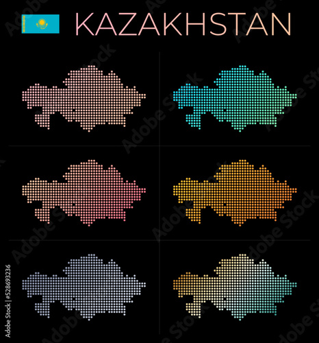 Kazakhstan dotted map set. Map of Kazakhstan in dotted style. Borders of the country filled with beautiful smooth gradient circles. Cool vector illustration.