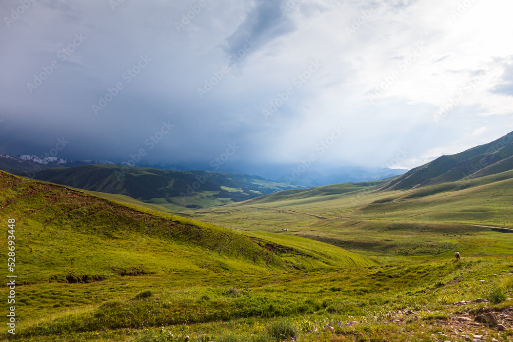 Endless pastures in the valley of the Assy plateau under thunderclouds