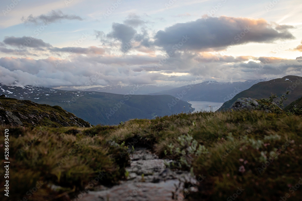 Naklejka premium Amazing nature view from mount Hoven, splendid landscape picture over Nordfjord from Loen skylift