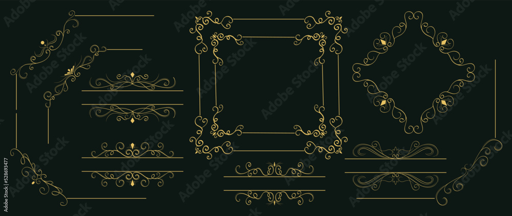 Luxury black ornate invitation vector set. Collection of ornamental curls, dividers, border, frame, corner, components. Set of elegant design for wedding, menus, certificates, logo design, branding. Luxury black ornate invitation vector set. Collection of ornamental curls, dividers, border, frame, corner, components. Set of elegant design for wedding, menus, certificates, logo design, branding.